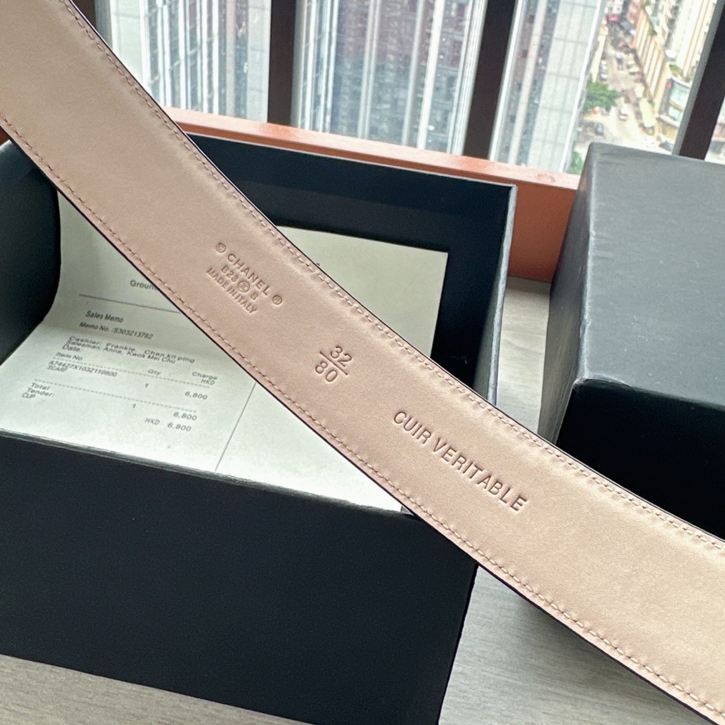 CC Belt 3cm Black Embossed Crocodile Pattern Leather 202934