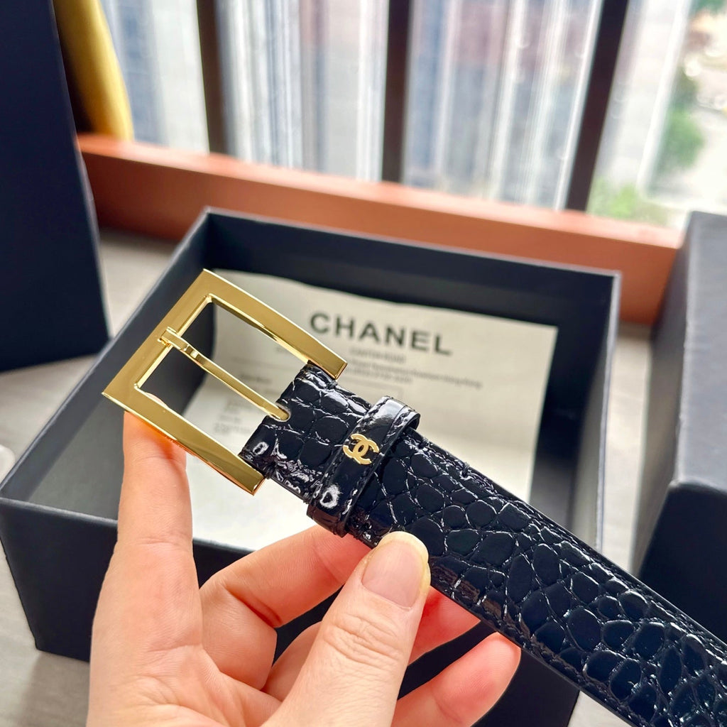 CC Belt 3cm Black Embossed Crocodile Pattern Leather 202934