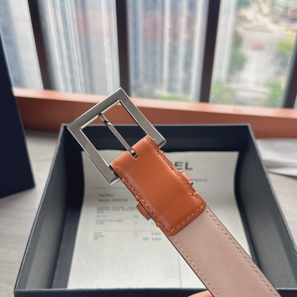 CC Belt 3cm Tan Brown Sliver Cowhide 202806