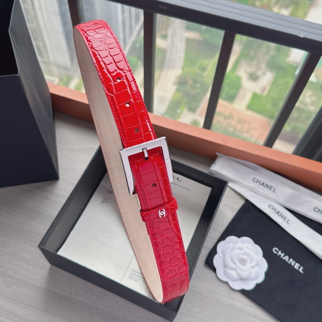 CC Belt 3cm Red Sliver Embossed Crocodile Pattern Leather 202811