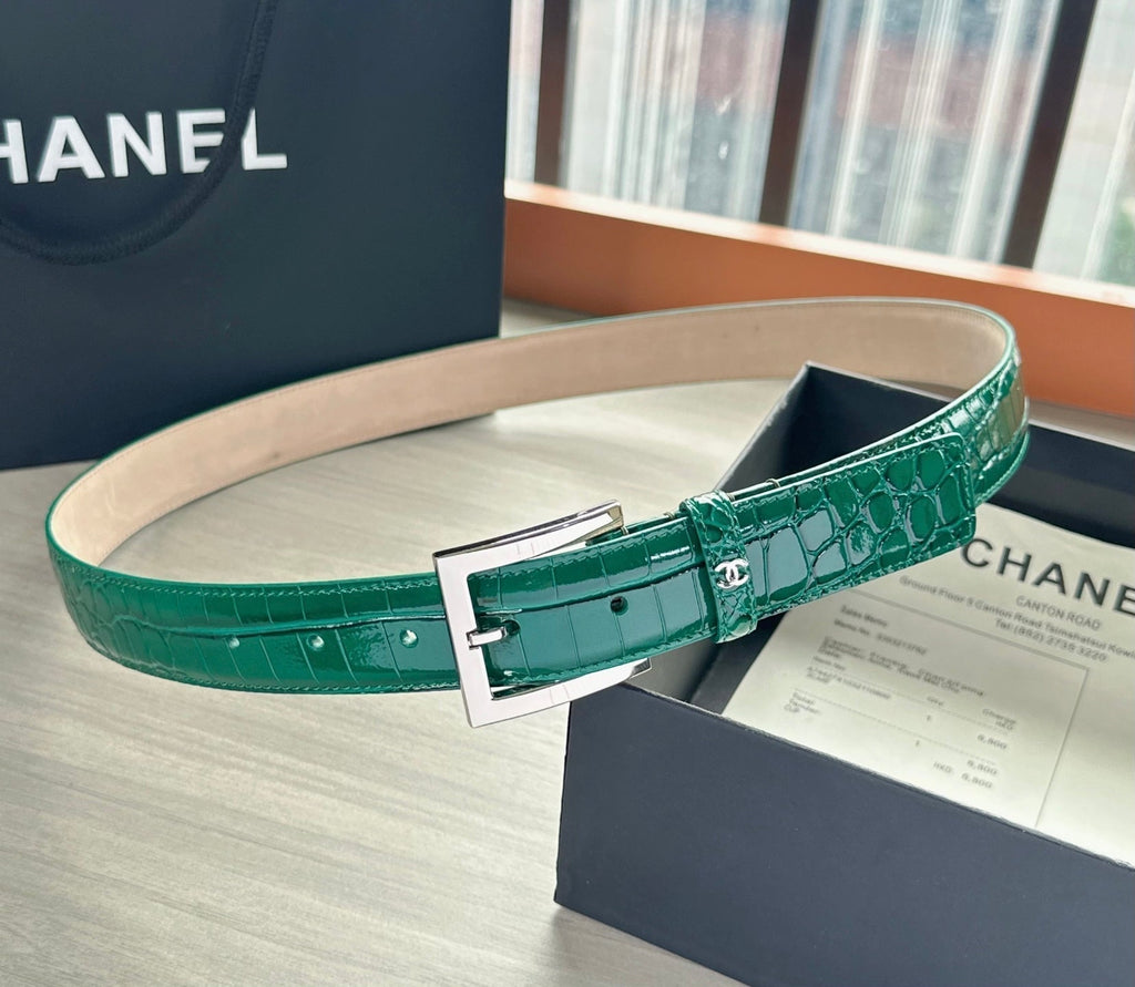 CC Belt 3cm Teal Green Sliver Embossed Crocodile Pattern Leather 202812
