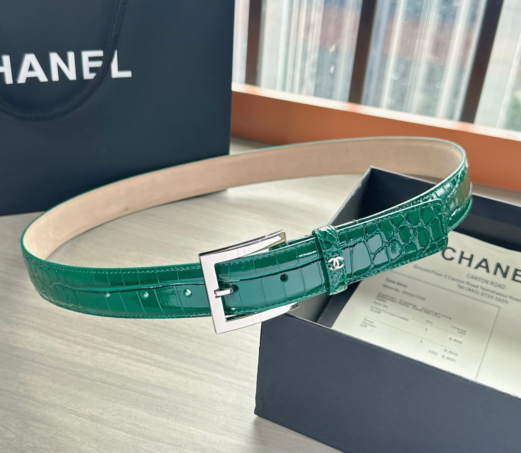 CC Belt 3cm Teal Green Sliver Embossed Crocodile Pattern Leather 202812