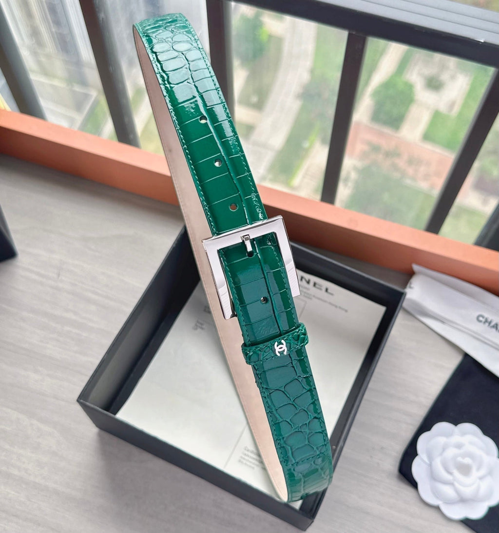 CC Belt 3cm Teal Green Sliver Embossed Crocodile Pattern Leather 202812