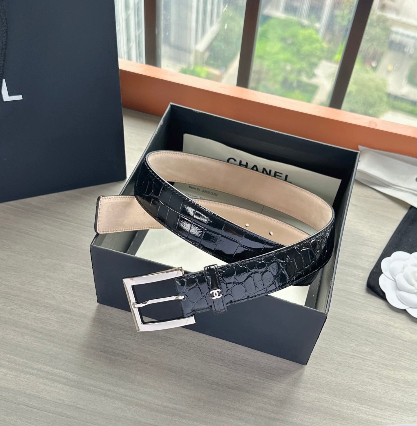 CC Belt 3cm Black Sliver Embossed Crocodile Pattern Leather202813