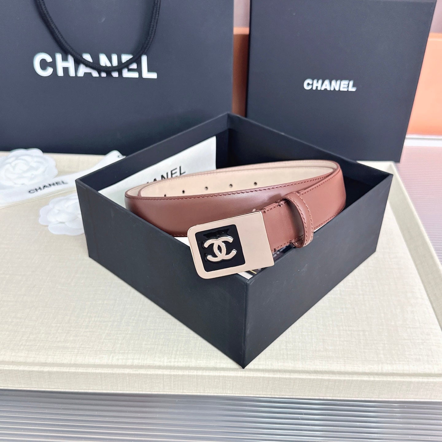 CC 3.0cm Belt Brown Lambskin 209359