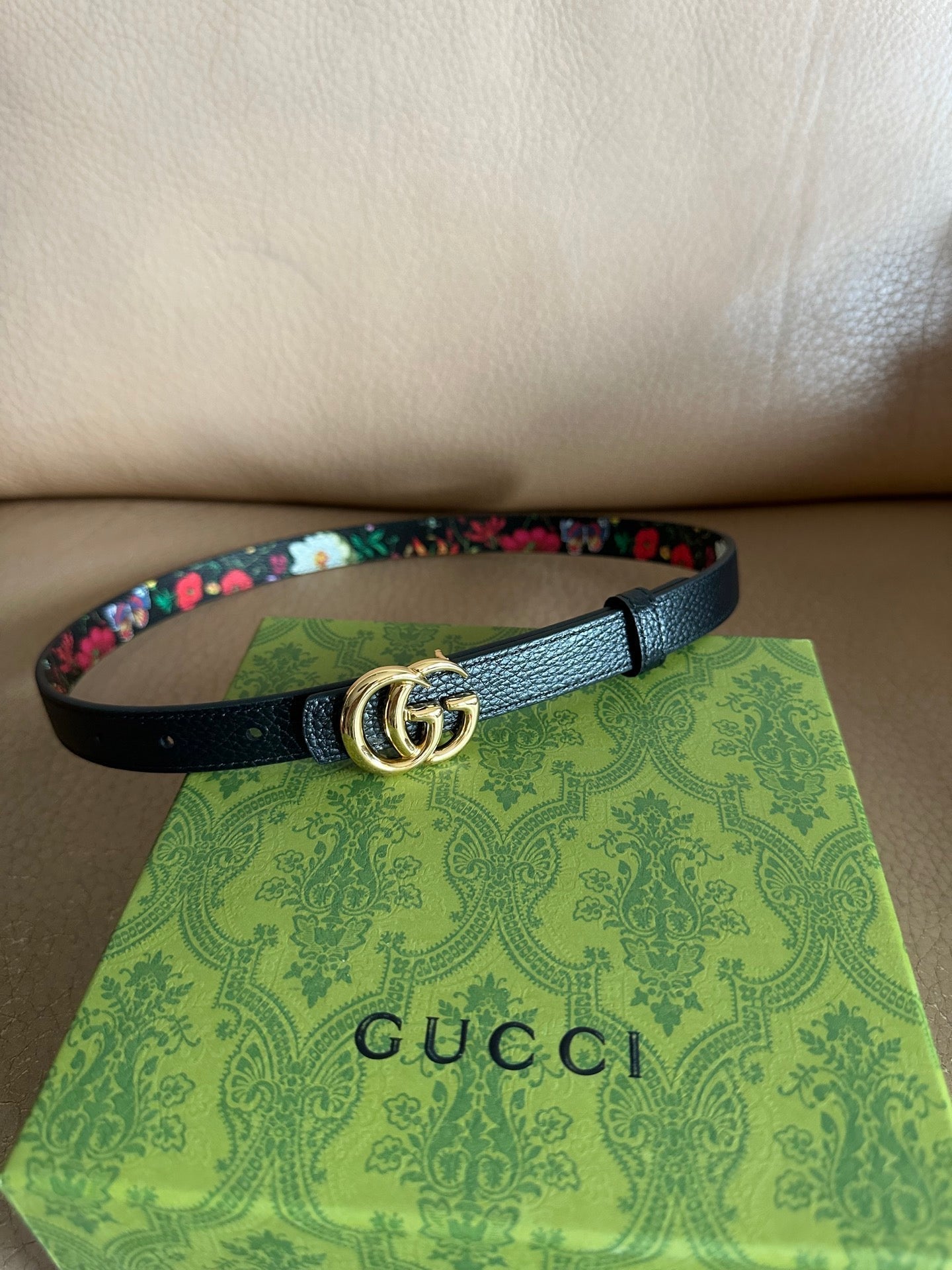 GG Marmont Reversible Belt 3.0cm Flora Print Black Leather