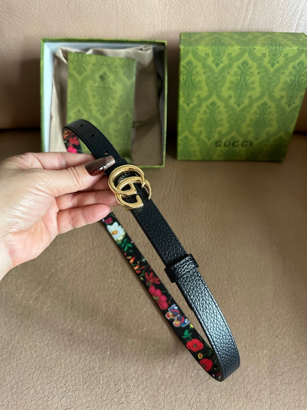 GG Marmont Reversible Belt 3.0cm Flora Print Black Leather