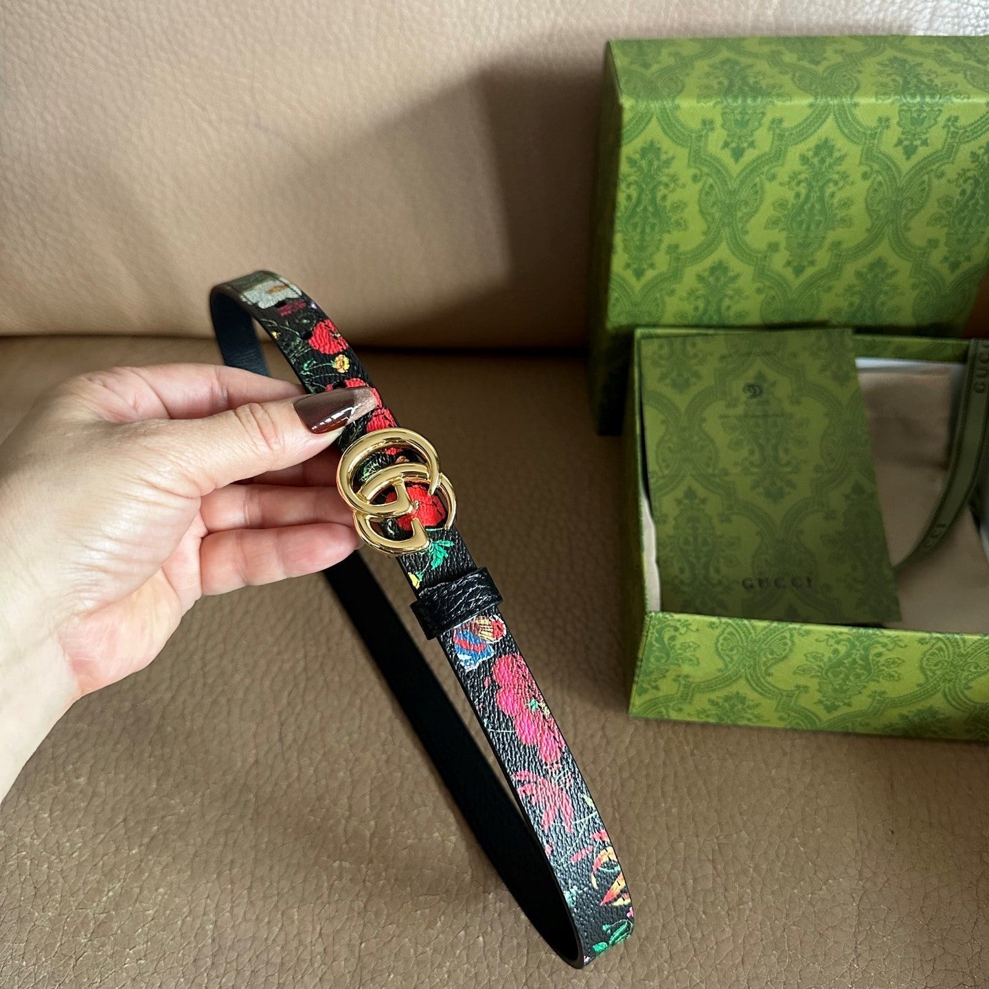 GG Marmont Reversible Belt 3.0cm Flora Print Black Leather