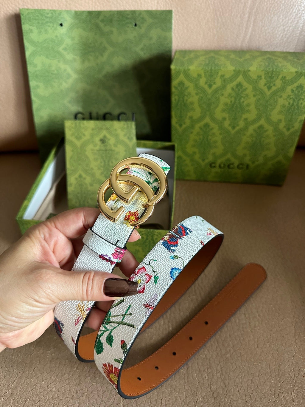 GG Marmont Reversible Belt 3.0cm Flora Print White Leather