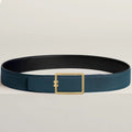 HM Gold Tube H Buckle Belt 38mm Prussian blue Black Leather 187522