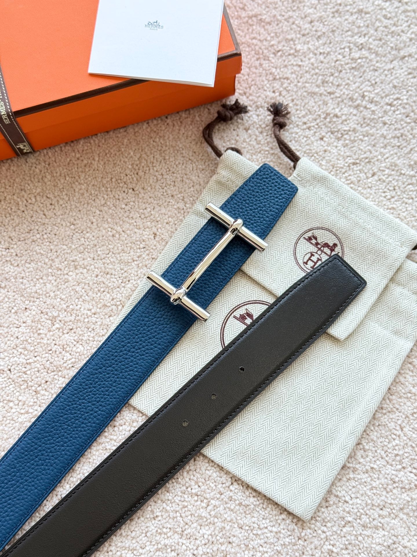 HM H D'Ancre Buckle Belt 38mm Prussian blue Black Leather 187519