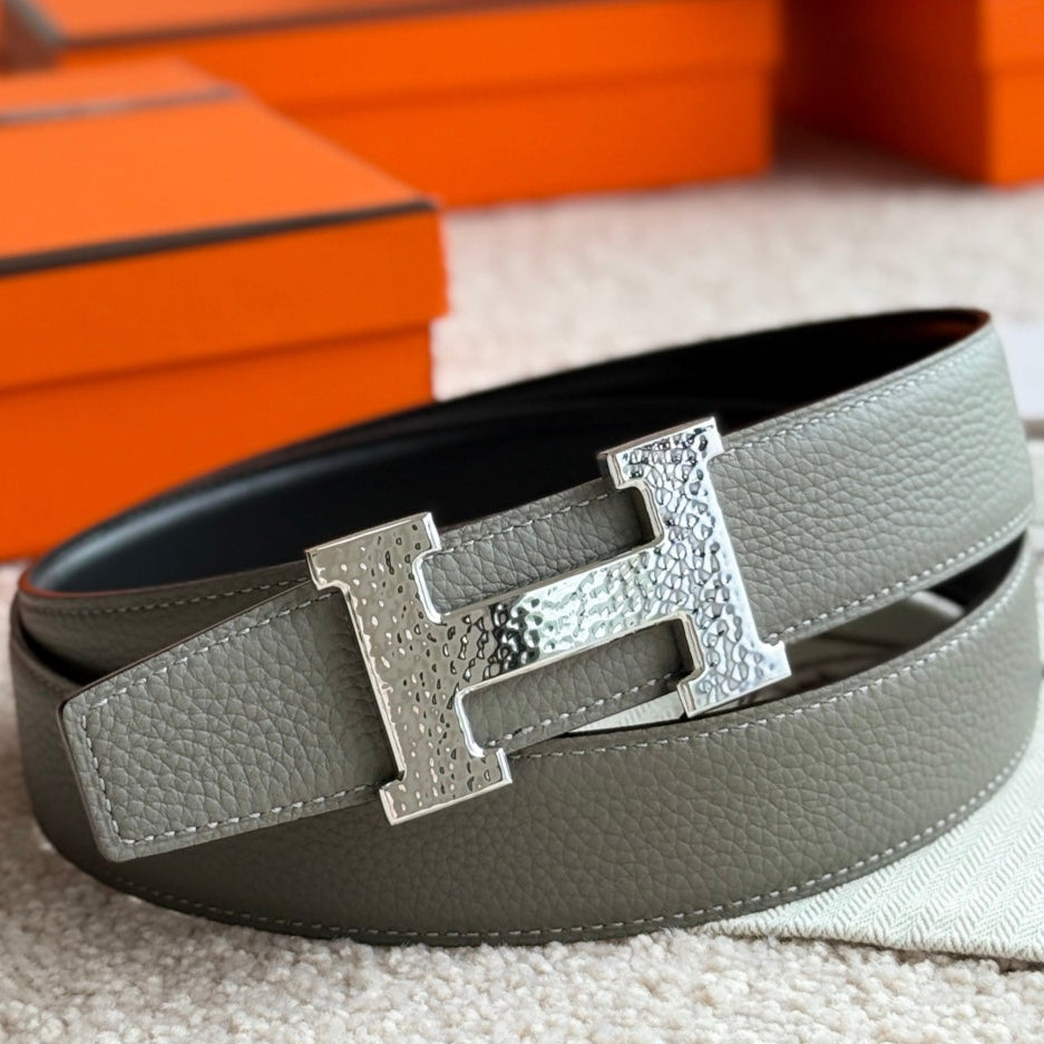 HM Silver H Guillochee Buckle Belt 32mm Gray Green Leather 187598