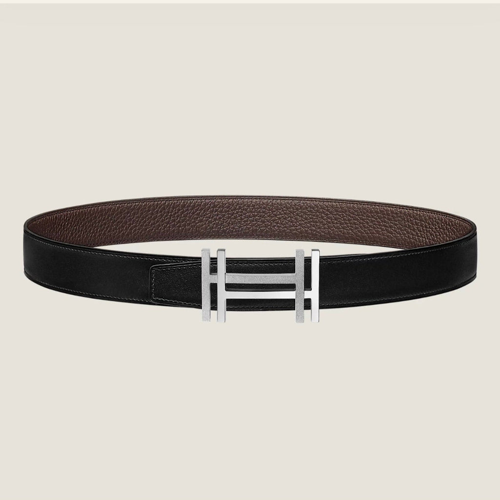 HM H au Carre Buckle Belt 32mm Black Chocolate Leather 187769