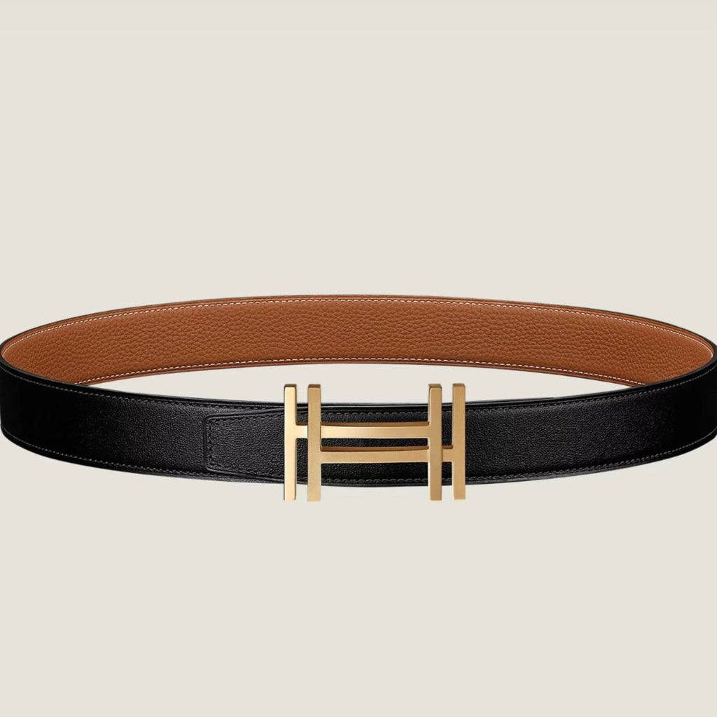 HM H au Carre Buckle Belt 32mm Black Brown Leather 187767