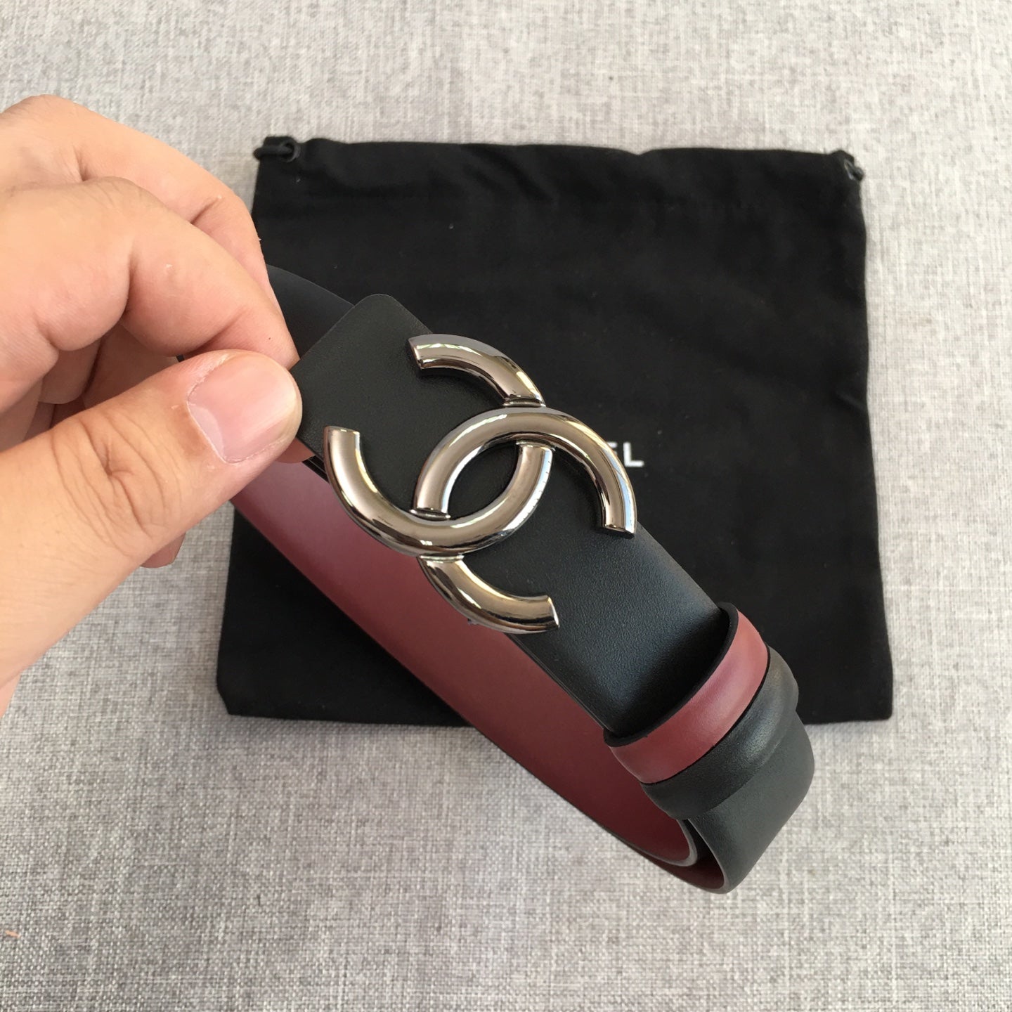 CC 2022 3.0cm Reversible Gunmetal Belt Calfskin Black Burgundy Calfskin