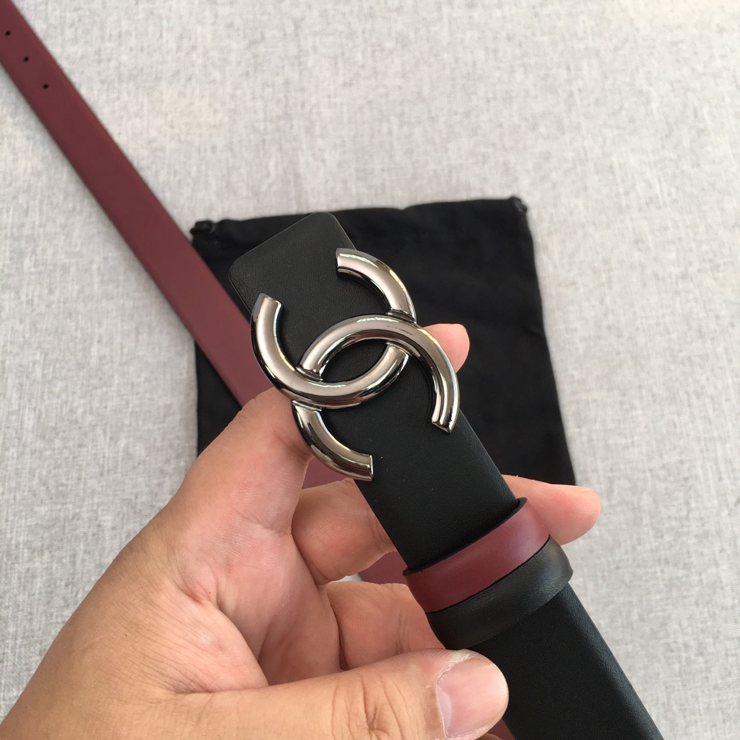 CC 2022 3.0cm Reversible Gunmetal Belt Calfskin Black Burgundy Calfskin