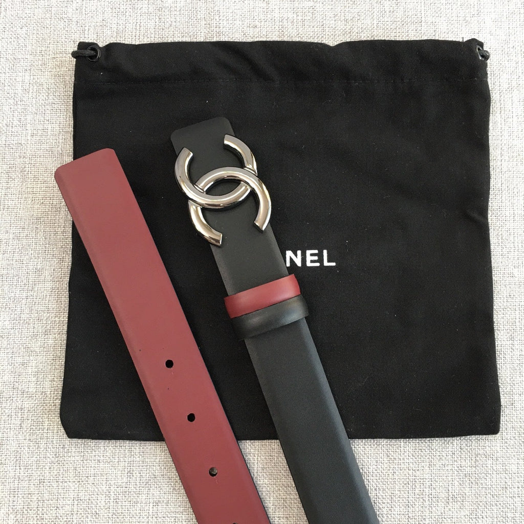 CC 2022 3.0cm Reversible Gunmetal Belt Calfskin Black Burgundy Calfskin