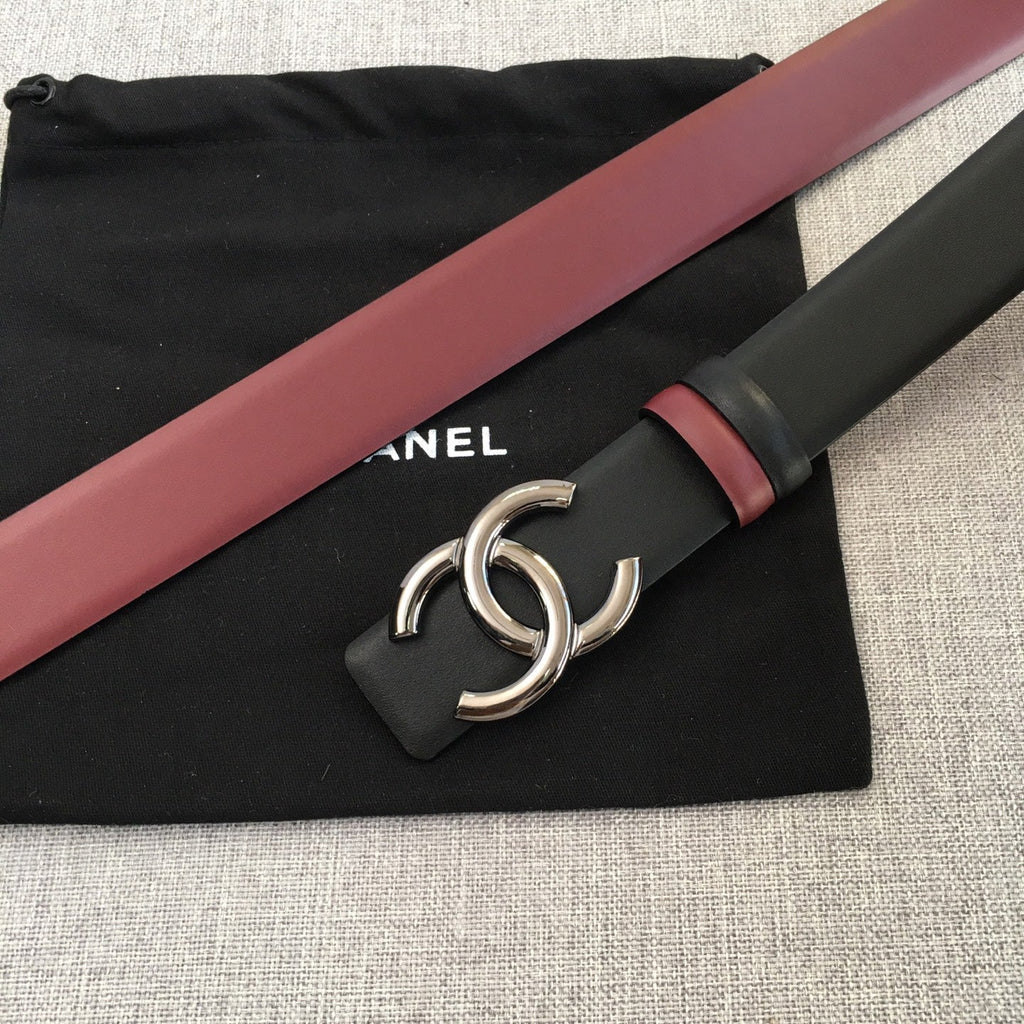 CC 2022 3.0cm Reversible Gunmetal Belt Calfskin Black Burgundy Calfskin
