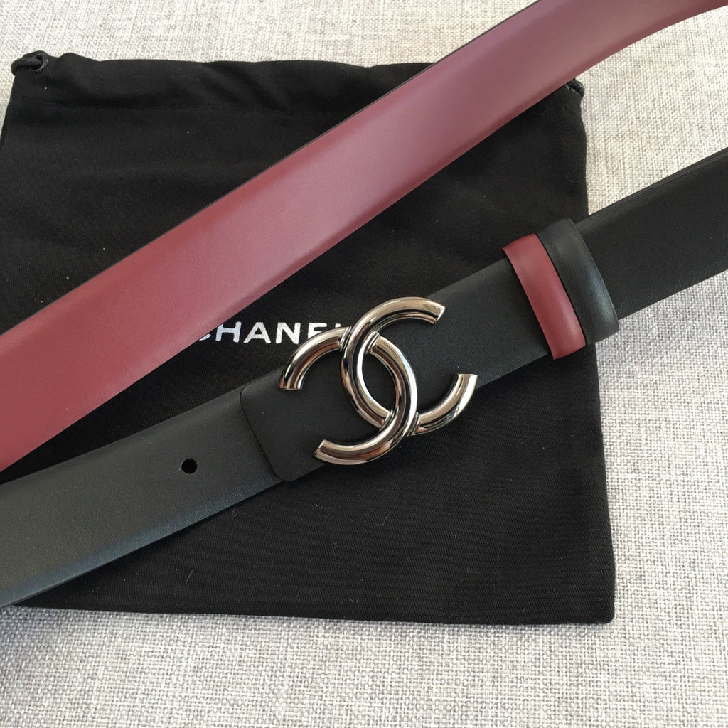 CC 2022 3.0cm Reversible Gunmetal Belt Calfskin Black Burgundy Calfskin