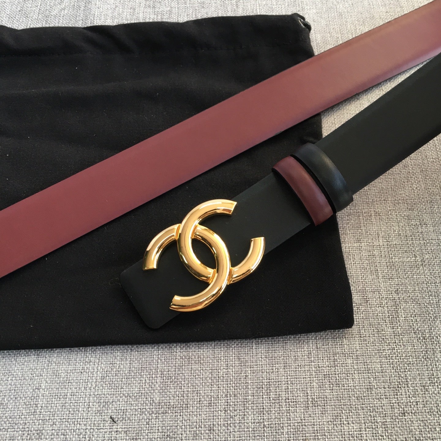 CC 2022 3.0cm Reversible Gold Belt Calfskin Black Burgundy Calfskin