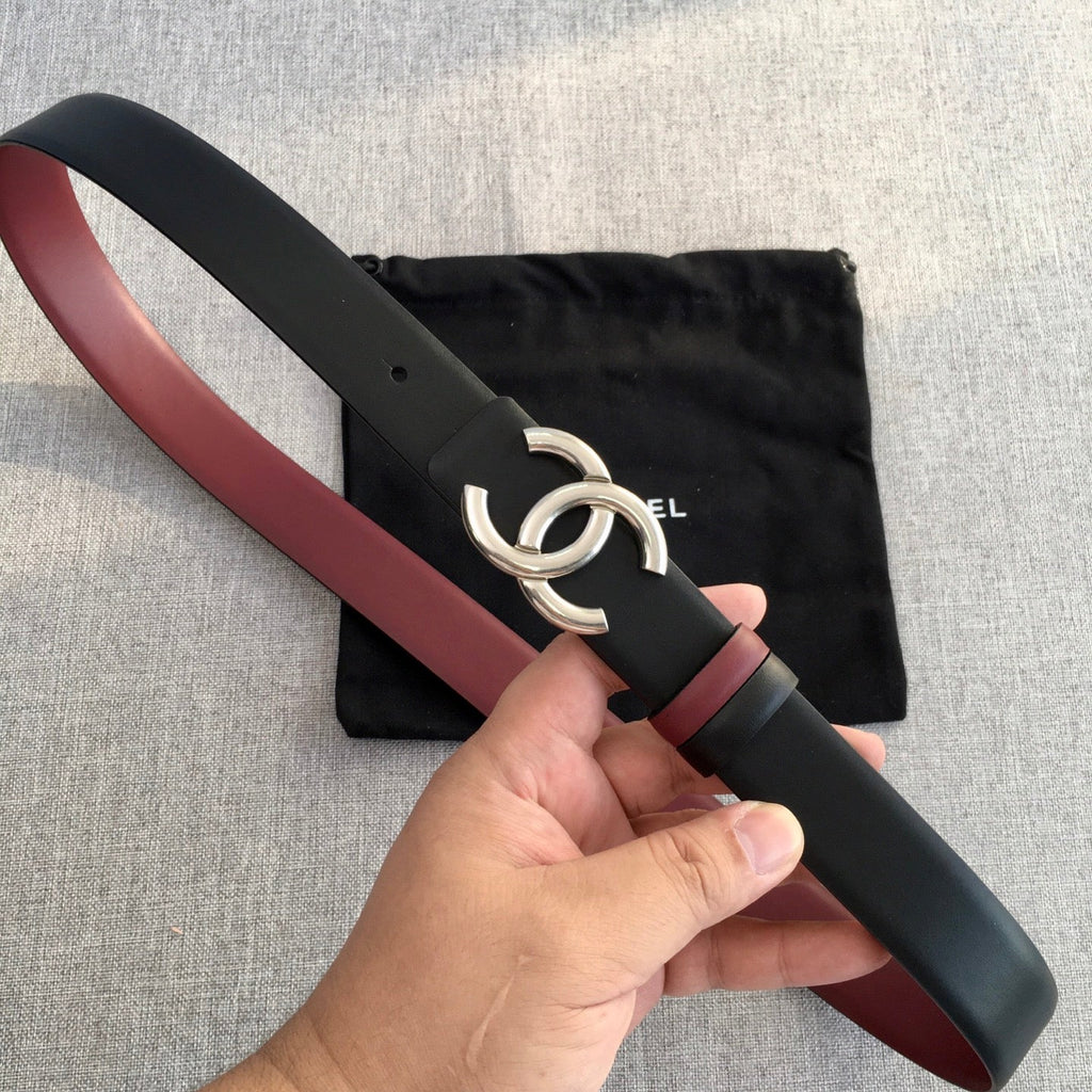 CC 2022 3.0cm Reversible Sliver Belt Calfskin Black Burgundy Calfskin