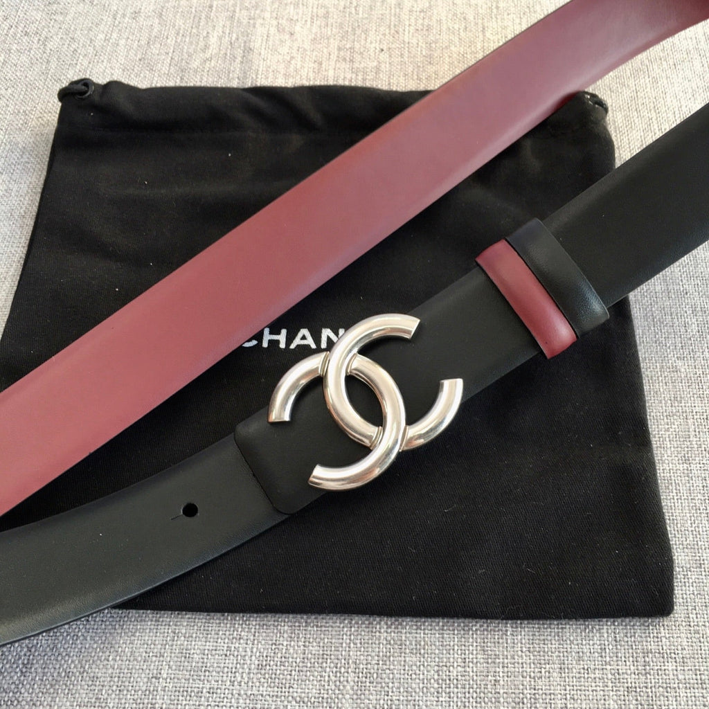CC 2022 3.0cm Reversible Sliver Belt Calfskin Black Burgundy Calfskin