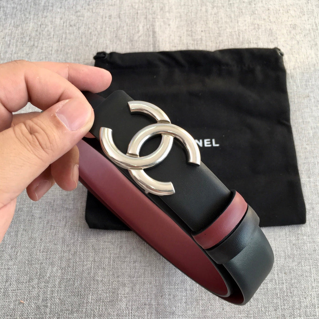 CC 2022 3.0cm Reversible Sliver Belt Calfskin Black Burgundy Calfskin