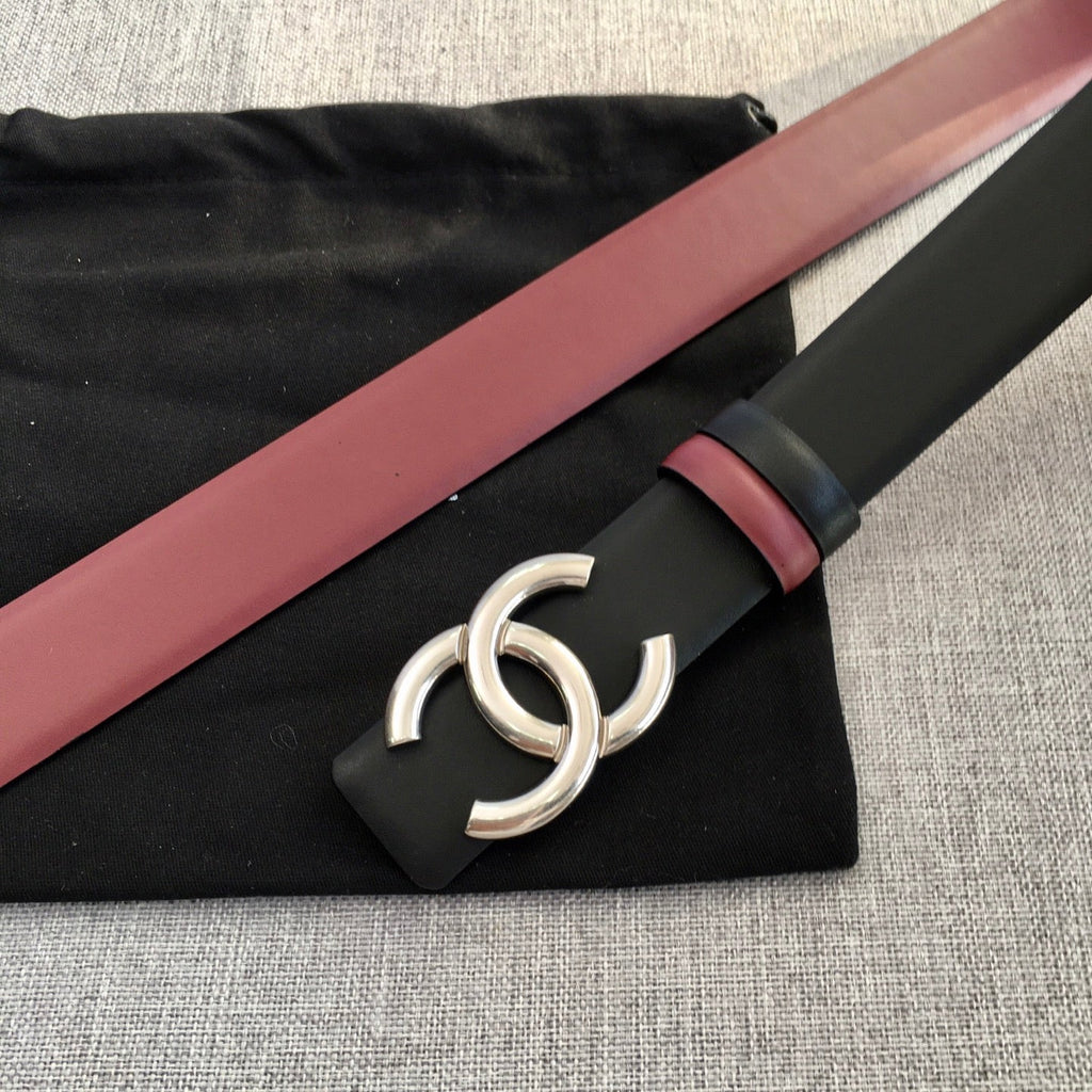 CC 2022 3.0cm Reversible Sliver Belt Calfskin Black Burgundy Calfskin