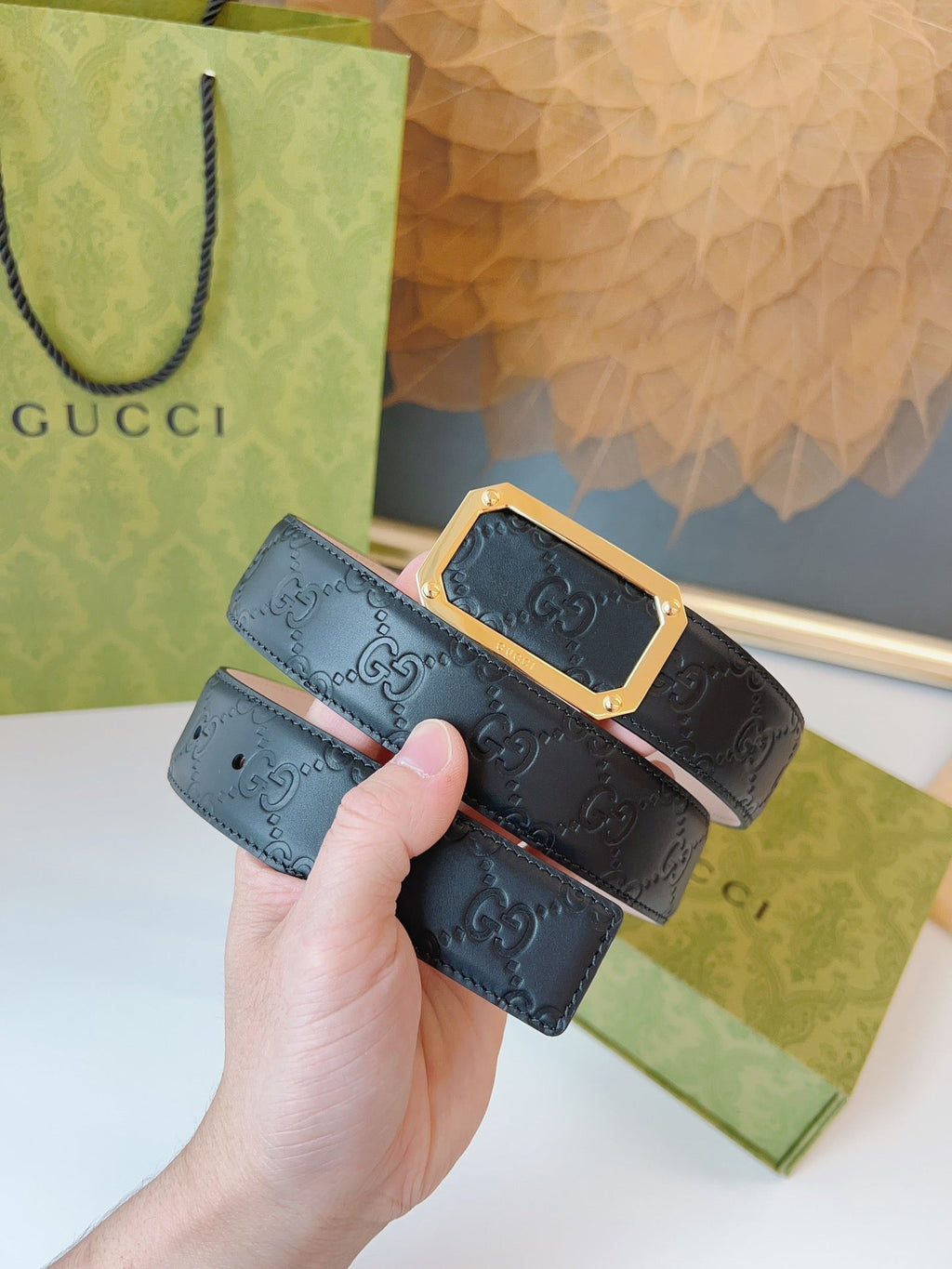 Gucci Signature Belt Gold Buckle 35mm Black Embossed Leather