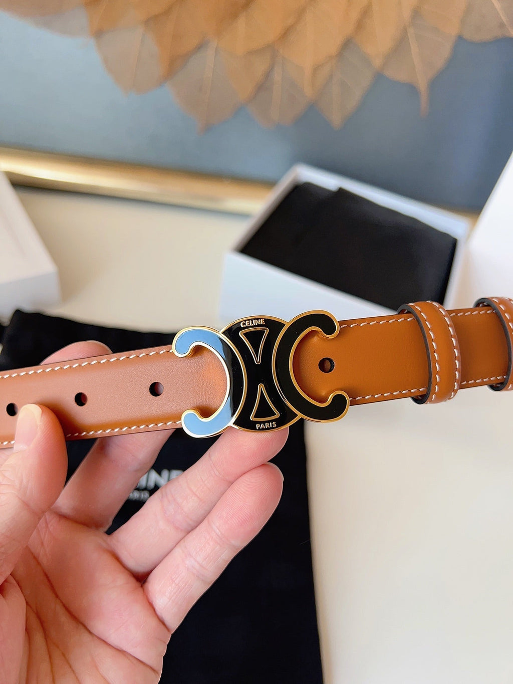 CL Black 25mm Triomphe Enamel Belt Camel Brown Cowhide 616416
