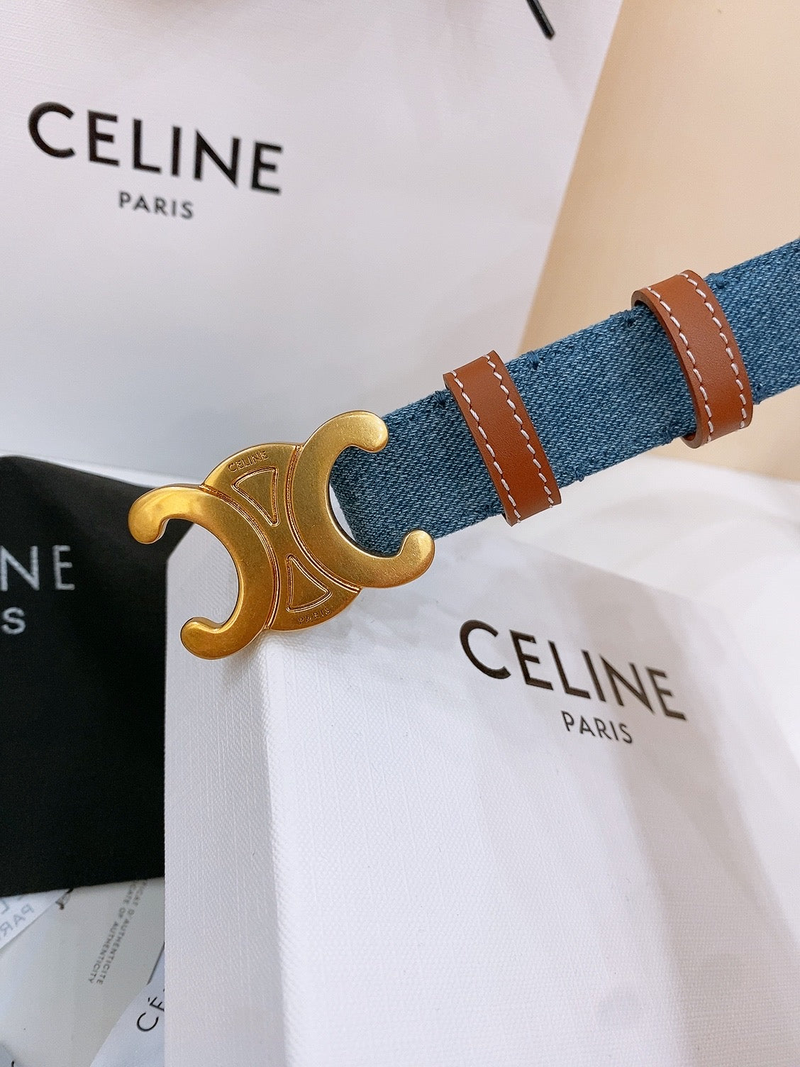 CL Gold 25mm Triomphe Enamel Blue Brown Denim Calfskin 558357
