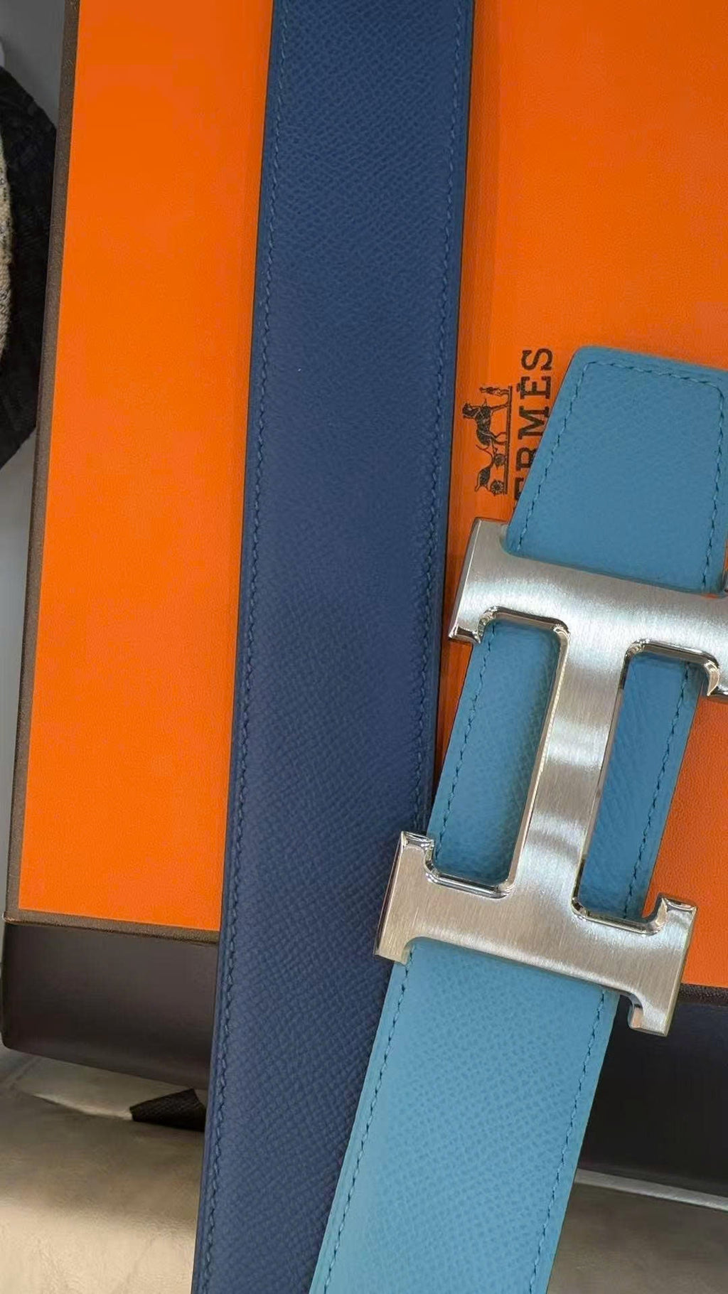 HM Silver Constance & Reversible Belt 38mm Blue Leather